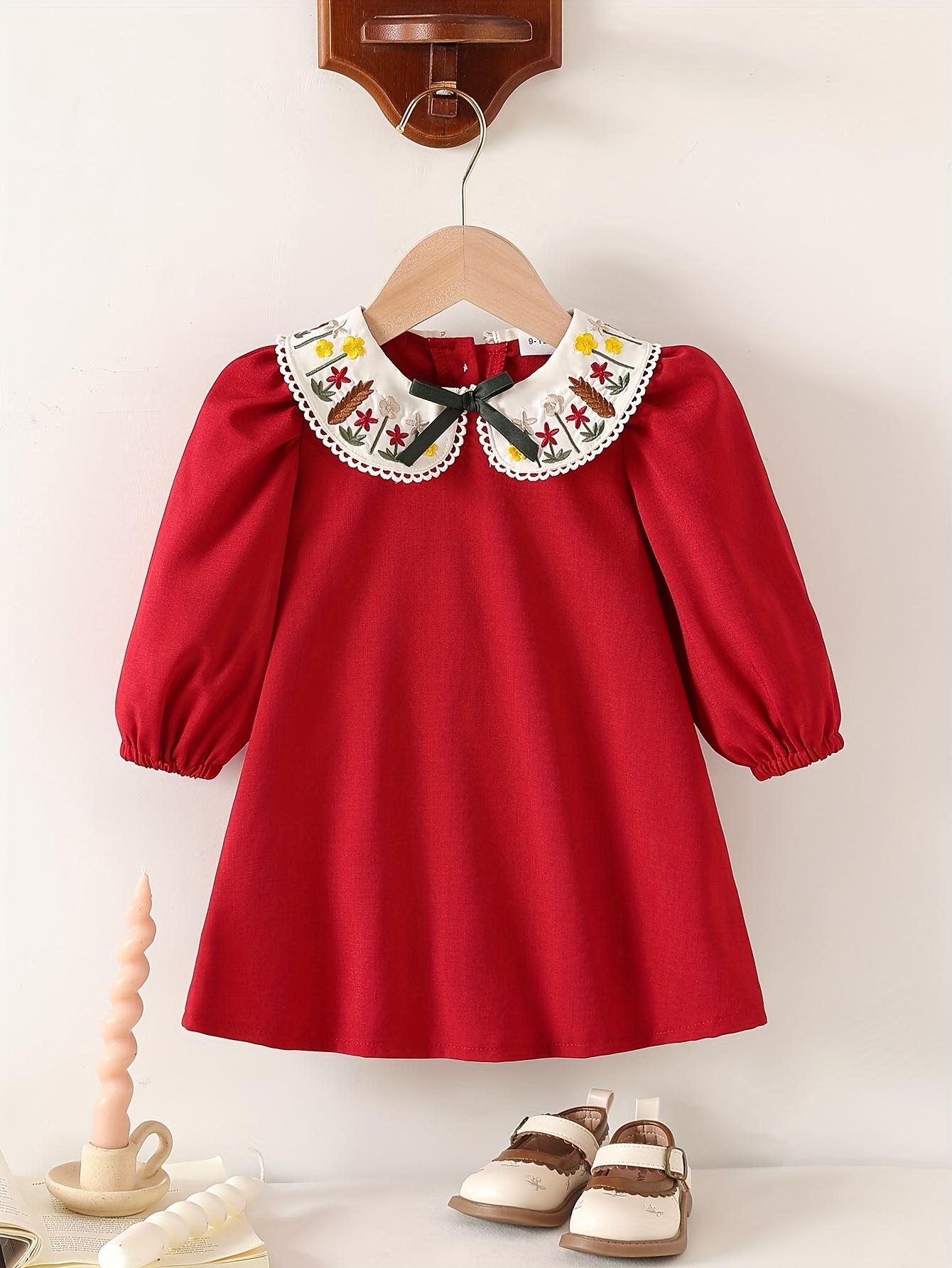 Adorable Red Vintage Dress for Toddler Girls | French-Inspired Floral Embroidered Peter Pan Collar with Bow, Long Sleeve Princess Dress 6-9M красный