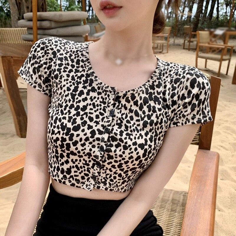 Leopard Print Women's T-Shirt Round Neck Single Breasted Slim Open Navel Short Sleeve One Size Fashionable And Sexy