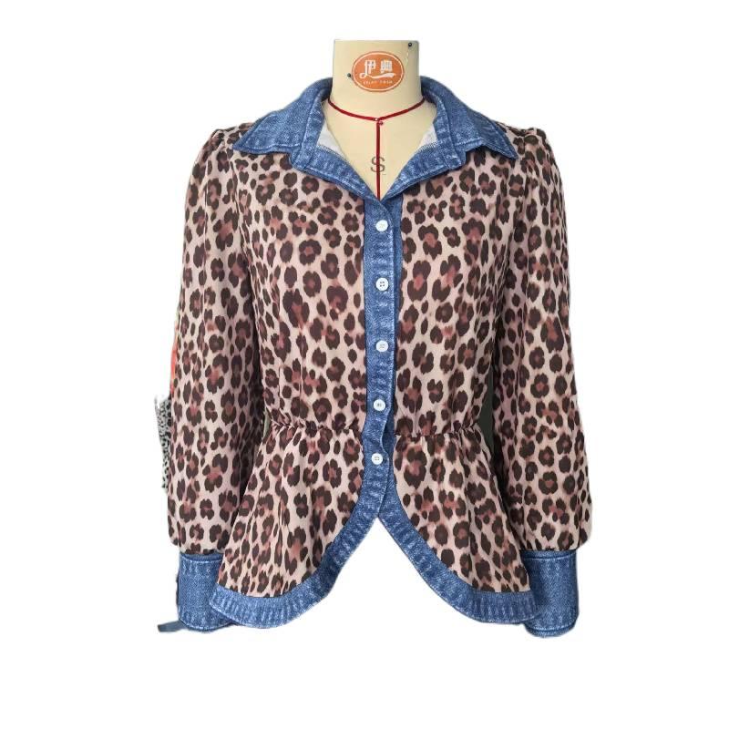 2026 New Style Women's Casual Fashion Patchwork Denim Shirt with Leopard Print and Single Button Closure