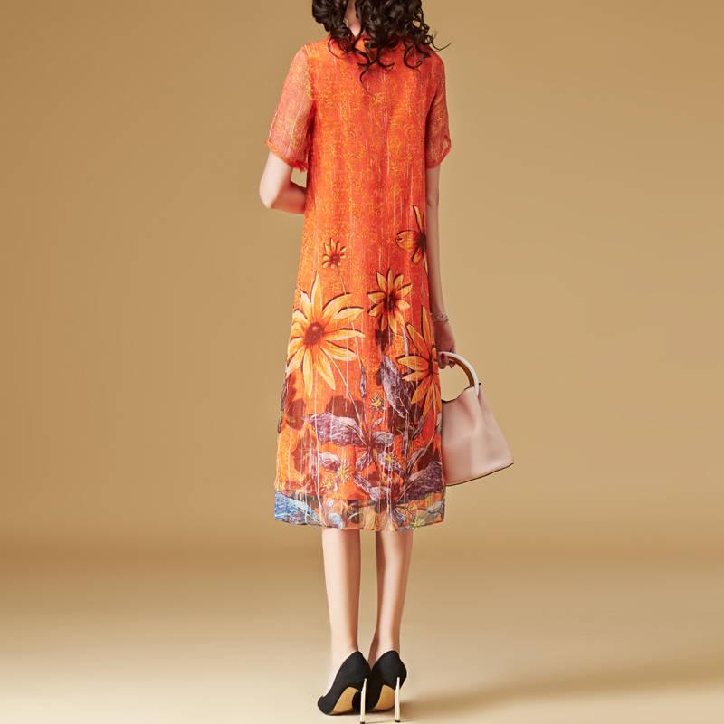 "Dam Vår/Sommar Lös Passform Cross-Border Tryckt Is-Silke Midi Klänning"