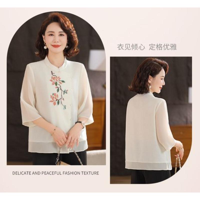 Women's Chinese Style Embroidery Blouse Mandarin Collar 3/4 Sleeve Asymmetric Button-Up Casual Top for Middle-Aged