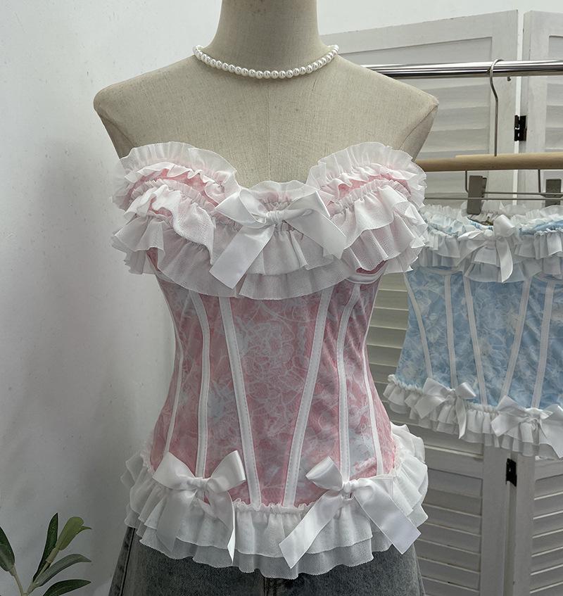 Pure Desire Strapless Mesh Bow Tank Top with Anti-Slip Strip One Size розовый