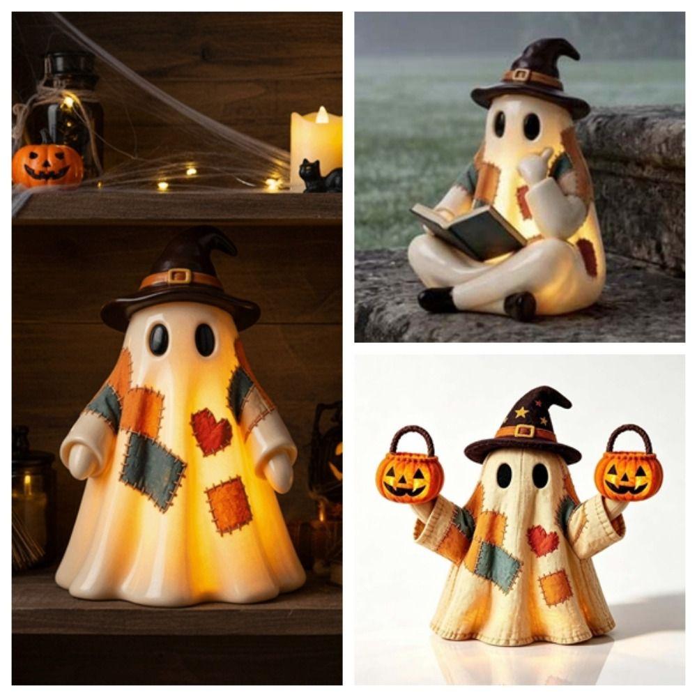 Resin Made Patchwork Ghost Light Lightweight Button Cell Battery Operated Ghost Pumpkin Lantern 3D Shaped Soft Glow
