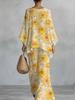 Women's Suit, Batwing Sleeves, Loose Fit, Yellow Floral Print Pattern, Elegant TwoPiece Outfit for Spring Summer Casual Wear