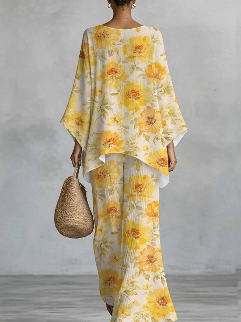 Women's Suit, Batwing Sleeves, Loose Fit, Yellow Floral Print Pattern, Elegant TwoPiece Outfit for Spring Summer Casual Wear
