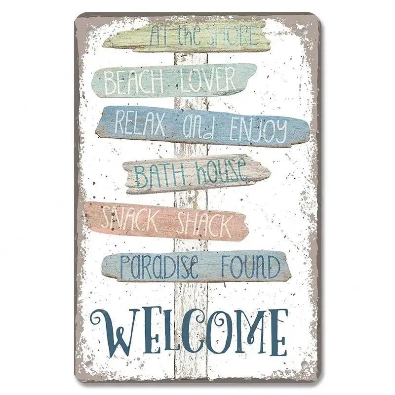 D Flat Metal Sign Vintage Welcome Garden Tin Sign Set Rustic Home Decor Butterfly Flower Watering Can Wall Art