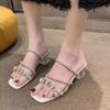 Coarse Heeled Sandals for Women Summer Exterior New Rhinestone Simple Comfortable Mid Heel, Women's Sandals
