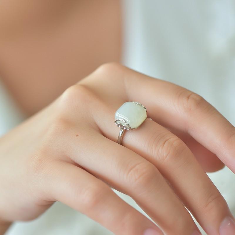 Adjustable Open Ring Women Men Vintage Style Geometric Square Jade-Inspired Copper Statement