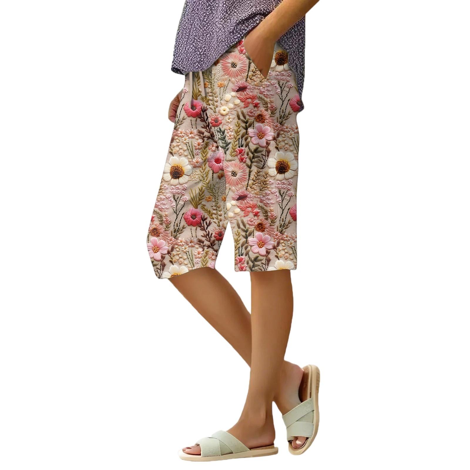 

Женские летние свободные шорты из хлопка и льна с эластичным поясом и цветочным принтом XL киноварь