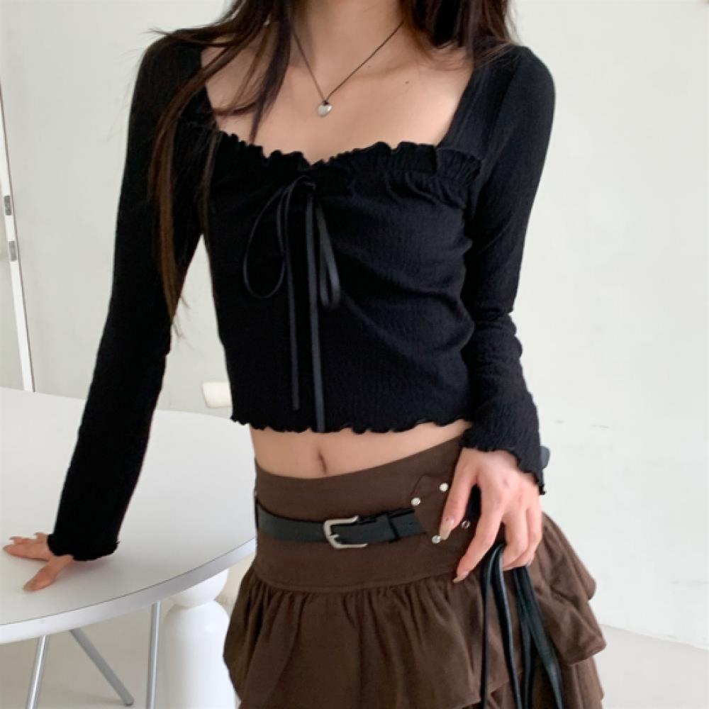 Chikimud Women CoTTon Span Frill Crop Long Sleeve T shirT New Arrivals Open Run