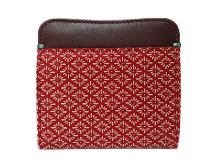 [Inden-ya] Inden Schlanke Geldbörse mit Haken und Druckknopfverschluss, 1208, Münzbörse G, Rotes Hirschleder mit Weißer Lackierung, Diamant- und Chrysanthemenmuster,