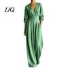 Casual Women Jumpsuit Women's Long Sleeve Jumpsuit, Deep V Neck Loose Wide Leg All Day Comfort Rompers, High Waist Summer One Piece Outfits