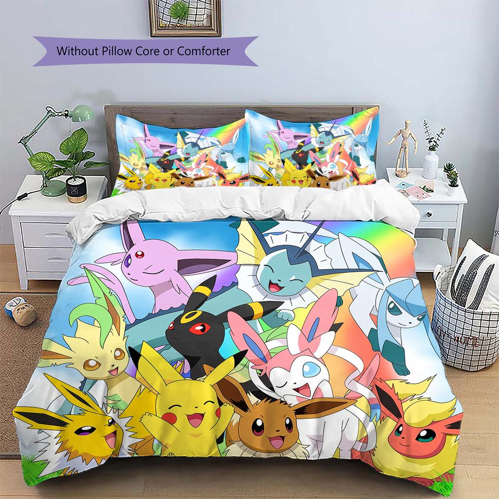 Pościel z Wzorem Pokémonów Dekoracja Domu Prezent Urodzinowy (1 * poszwa na kołdrę + 2 * poszewki na poduszki, bez rdzenia)