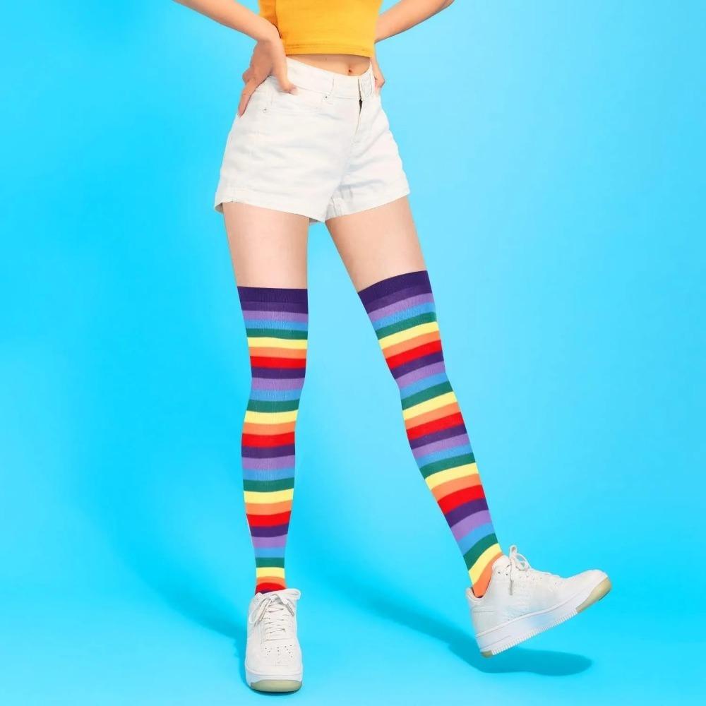 Femmes Filles Fantaisie Arc-en-Ciel Coloré Rayures Au-Dessus du Genou Chaussettes Longues Costume Cosplay Halloween Tricotées Extensibles Cuisse Haute