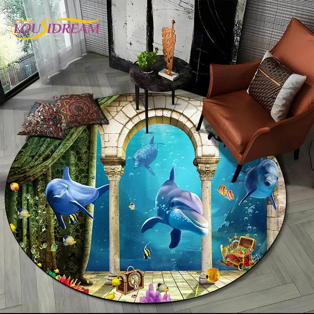 3D Seabed Illusion Underwater World Dolphin Round Area Rug,Carpet for Living Room Bedroom Sofa Playroom Decor,Non-slip Floor Mat