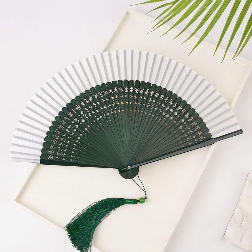 Portable Classical Carved Bamboo Folding Fan Flower Chinese Style Tassel Folding Fan Retro Photo Prop Handheld Fan Girl Gift