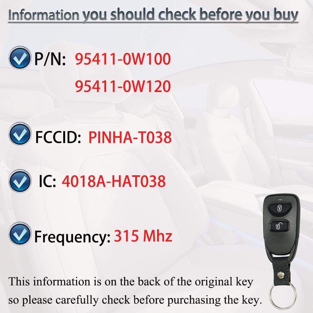 Key Fob Replacement Fits for Hyundai Santa Fe Keyless Entry Remote Control 2007 2008 2009 2010 2011 2012 FCC ID: PINHA-T038 IC:4018A-HAT038