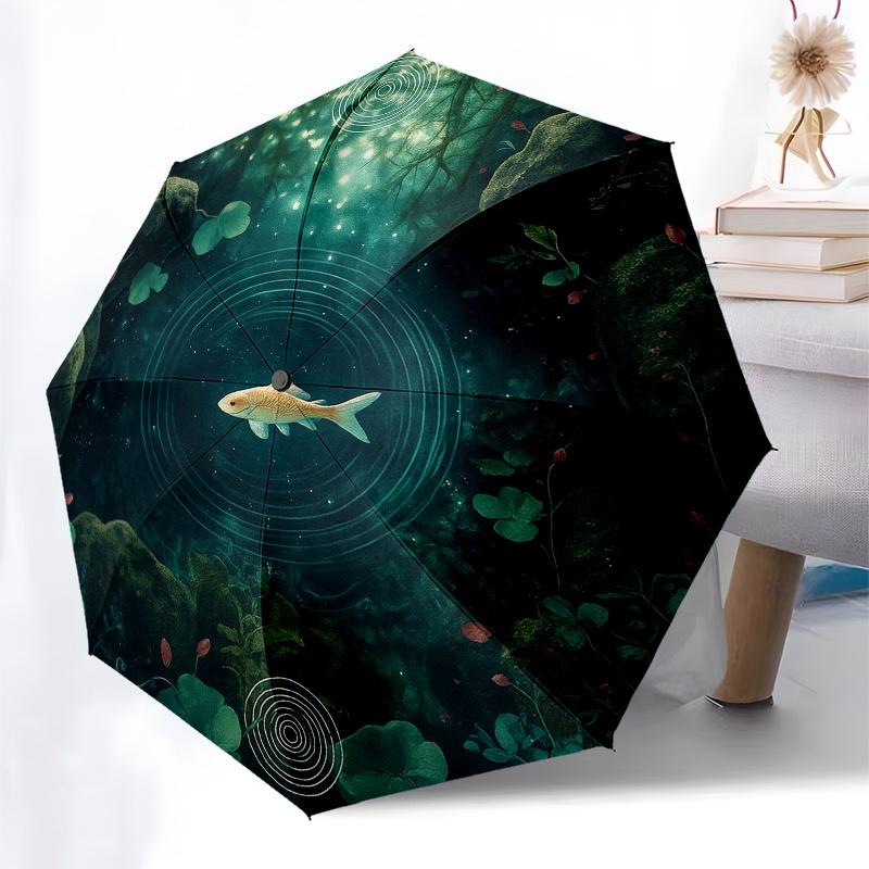 Enchanted Forest Pond Fish Decorative Wall ArtUmbrella, Portable 3-Fold Compact Umbrella for Men & Women Gift