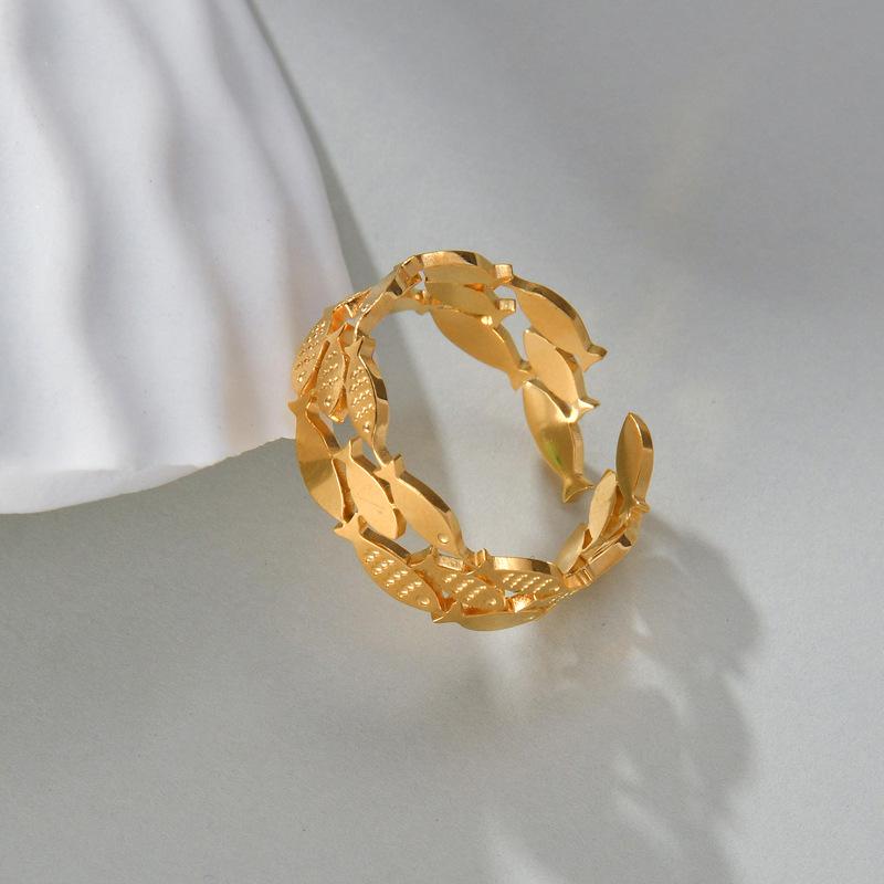 18K Gold Hollow Triple-Layer Fish Ring, Titanium Steel, Adjustable Open Band, Stylish & Personalized Design for Women