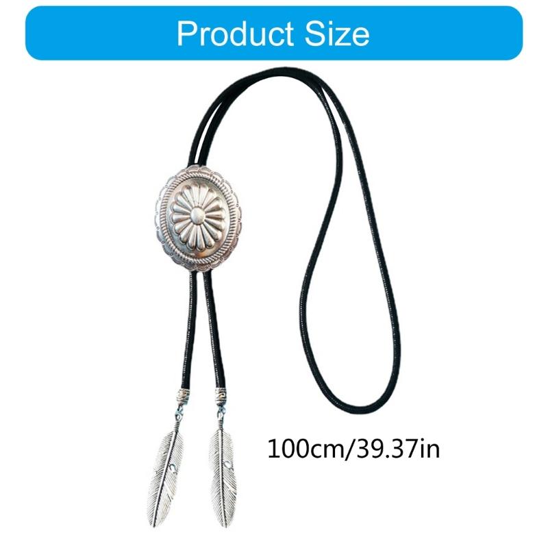 Men Women Vintage Bolo Tie Metal Flower Jewelry Cowboy Braided Rope Necktie Western Necklace with Feathered Pendant