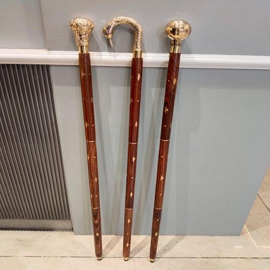 Canne à Marche Manche en Laiton Fait Main Manche en Bois Style Vintage Bâton pour Hommes Ensemble Cadeau de 3