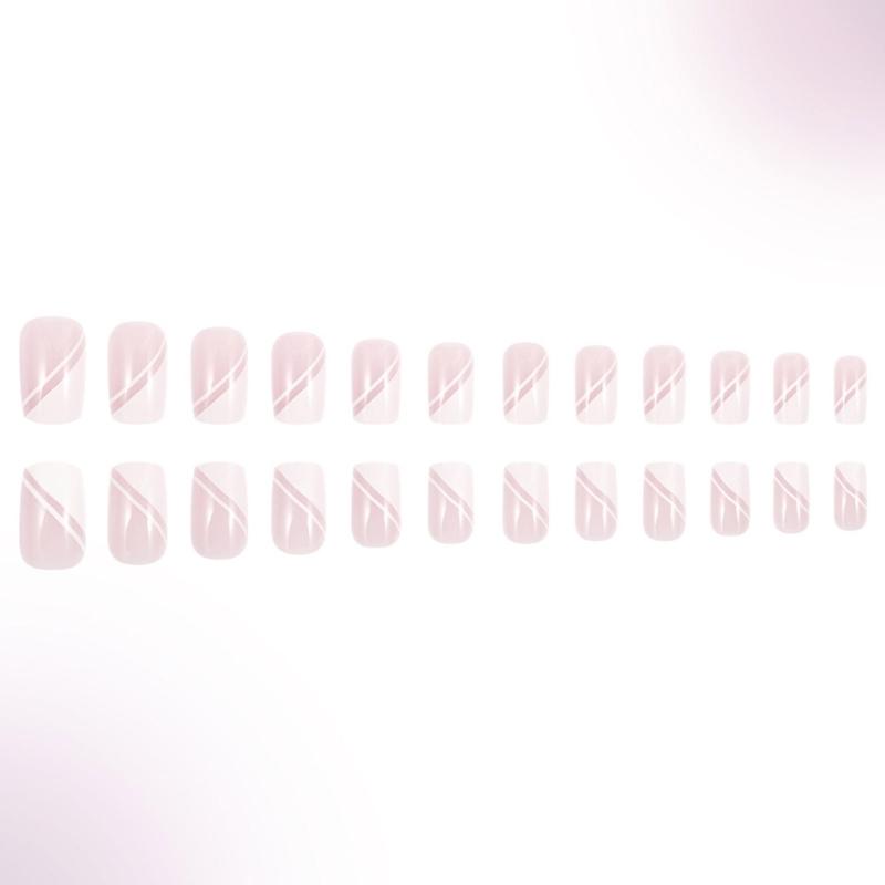 24 Pcs Simple Lines Stick On Nail Pink White Press On Nail Glossy Full Cover False Nail Artificial Nail for Woman