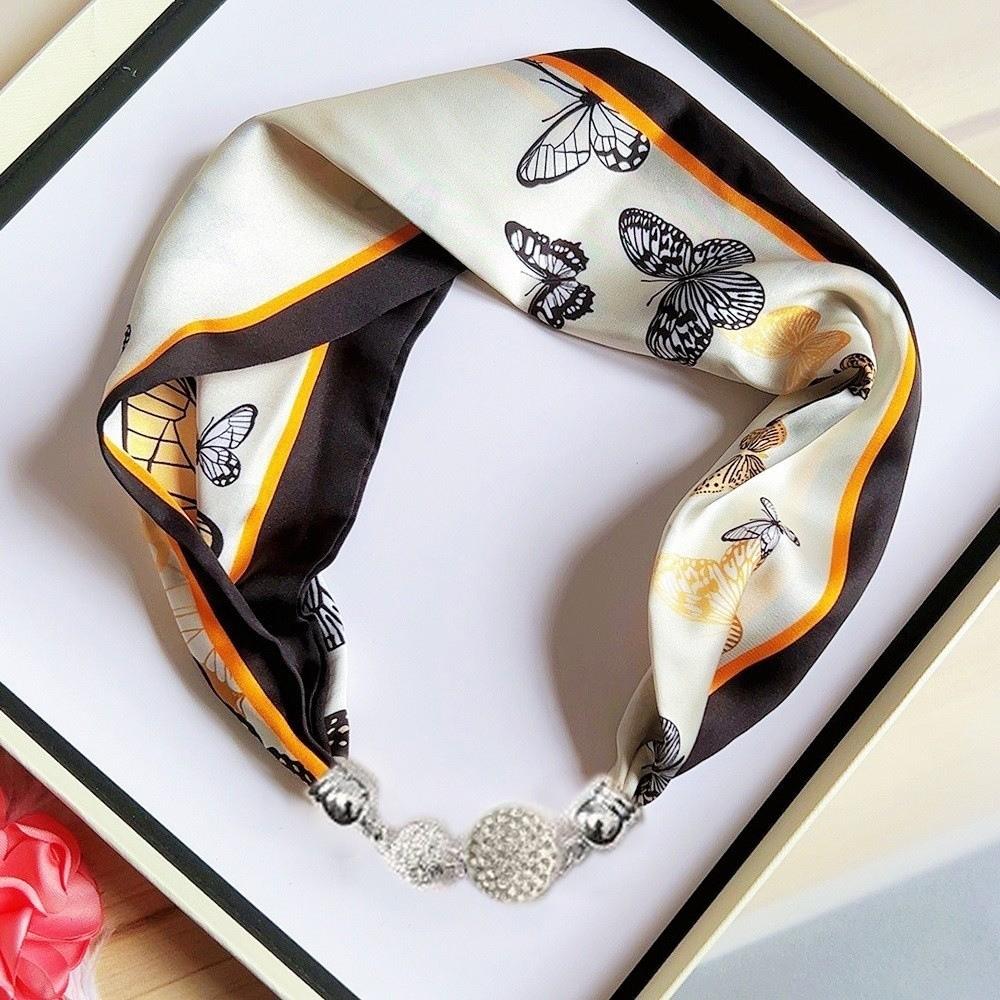 Pearl Diamond Silk Scarf Korean Retro Women's Scarf Chain Magnetic Buckle Scarf  Effortless Styling