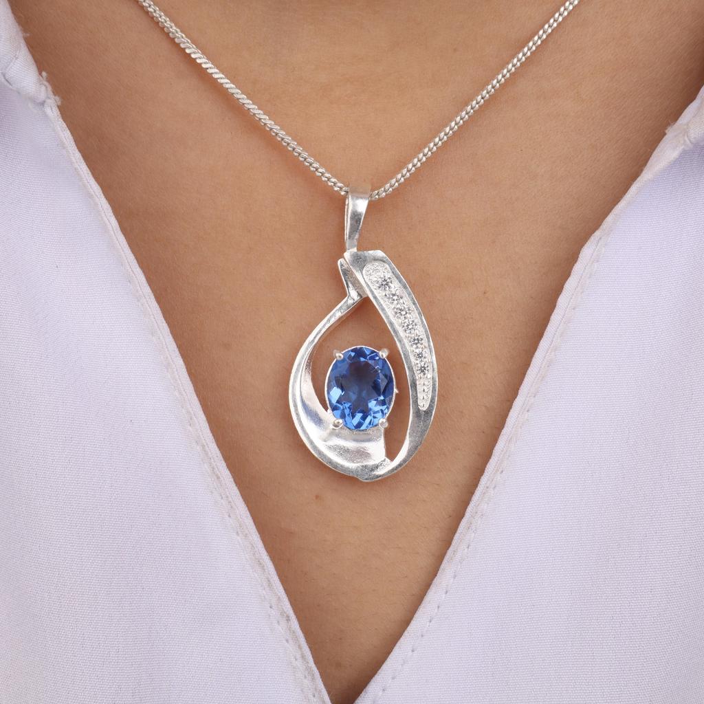 Tanzanite Gemstone 925 Sterling Silver Women Jewelry Designer Zircon Pendant 1.4" Gift For Mother CZP-16-2