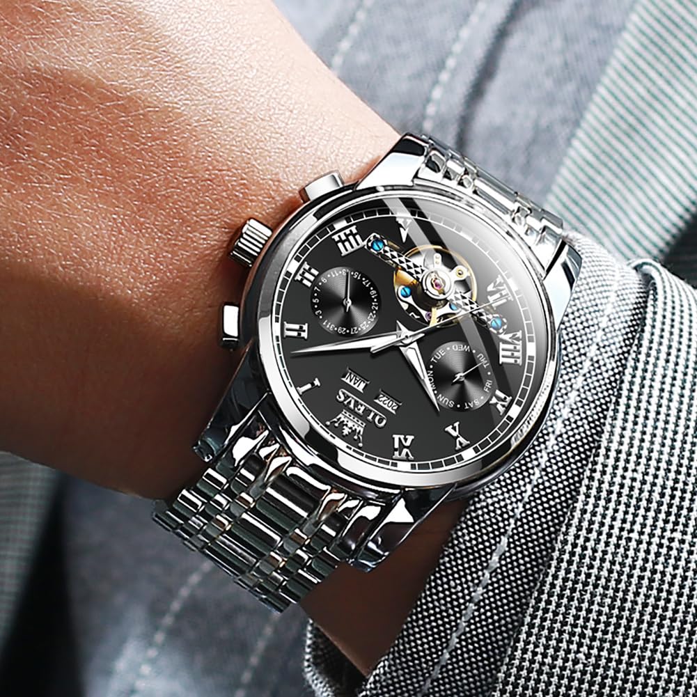OLEVS Mechanical Automatic Moon Phase Watch Stylish Skeleton Waterproof Popular Luminous Watch for Men