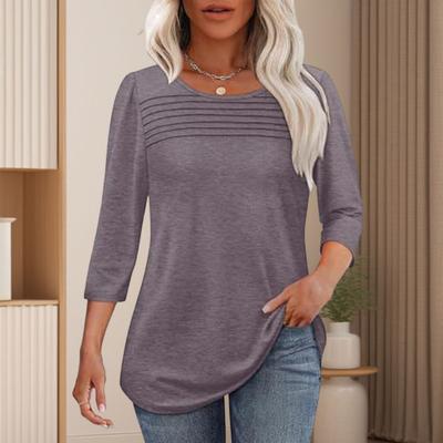 Blusa feminina plissada, gola redonda, manga 3/4, primavera-verão, cor sólida, caimento solto, camiseta casual, uso diário