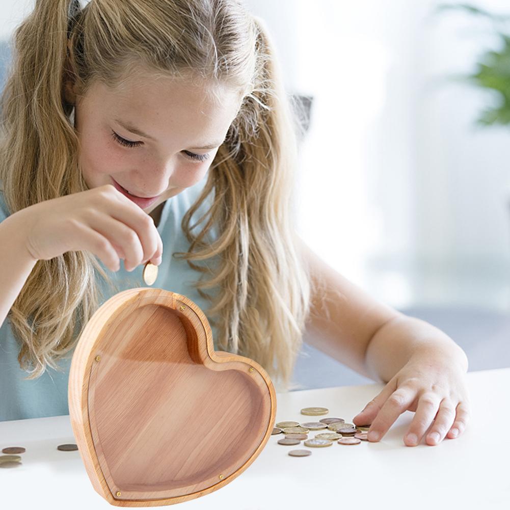 Piggy Bank Wooden Heart Shaped Coin Money Saving Box Jar Coins Storage Box Desktop Ornament Home Decor Crafts Xmas Birthday Gift