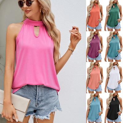 Women Summer Casual Solid Color Sleeveless Hollow Out Pullovers Vest Top