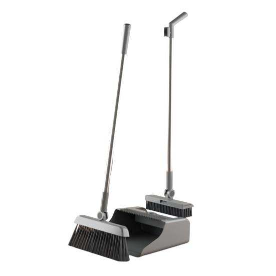 

Набір мітли з совком 3-в-1 Інструмент для прибирання Регульована довга ручка Самоочисний совок із зубцями Для приміщень та вулиці Штовхаюча мітла Набір із совком сірий