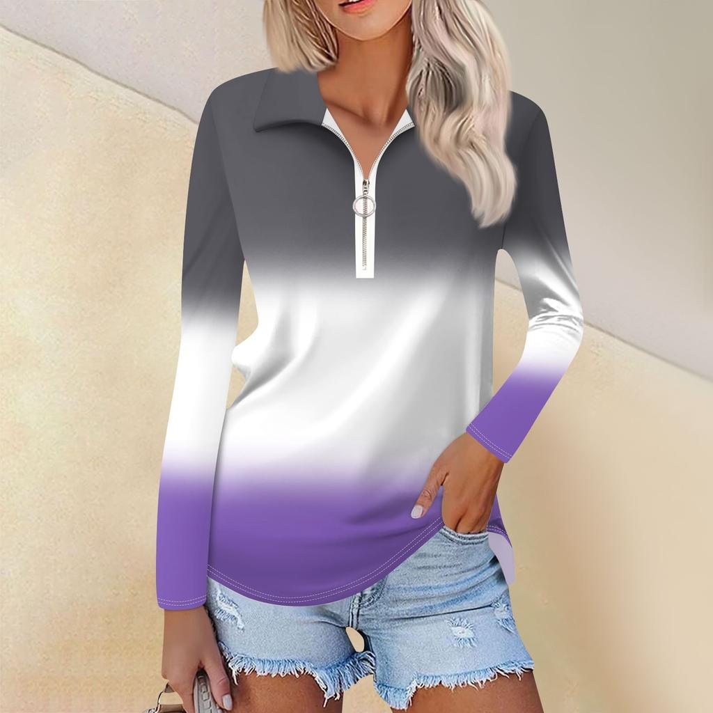 Damen Frühling und Mode Casual Printed Zipper V-Ausschnitt Langarm Shirt Tops