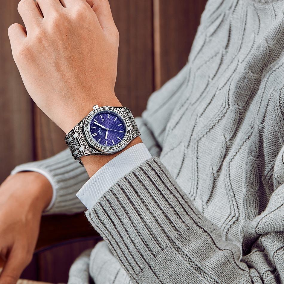 Paulareis Quartz Carved Oak Calendar Men's Luminous Watch