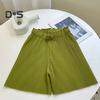 Women Shorts Elastic High Waist Ribbed Design Solid Color Casual Loose Fit Shorts Summer Wide Leg Shorts