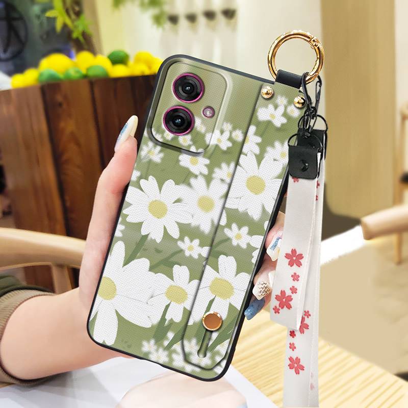 Soft case Wrist Strap Phone Case For MOTO G55 5G Oil Painting Flower Phone Holder Anti-dust Shockproof Lanyard Kickstand