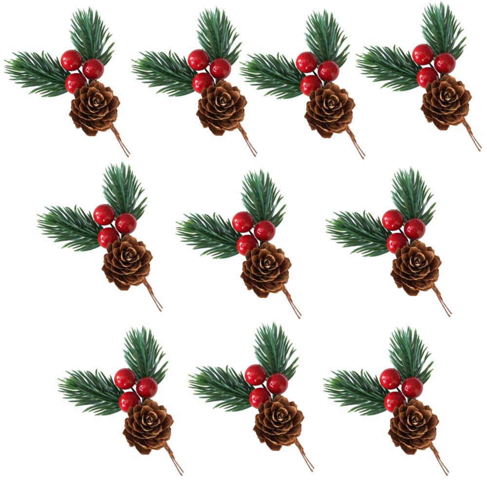 6/10 Stück Künstliche Tannenzapfen und Rote Beeren - Perfekt für Weihnachtsbaumspitzen, Feiertagsdekorationen und Bastelprojekte
