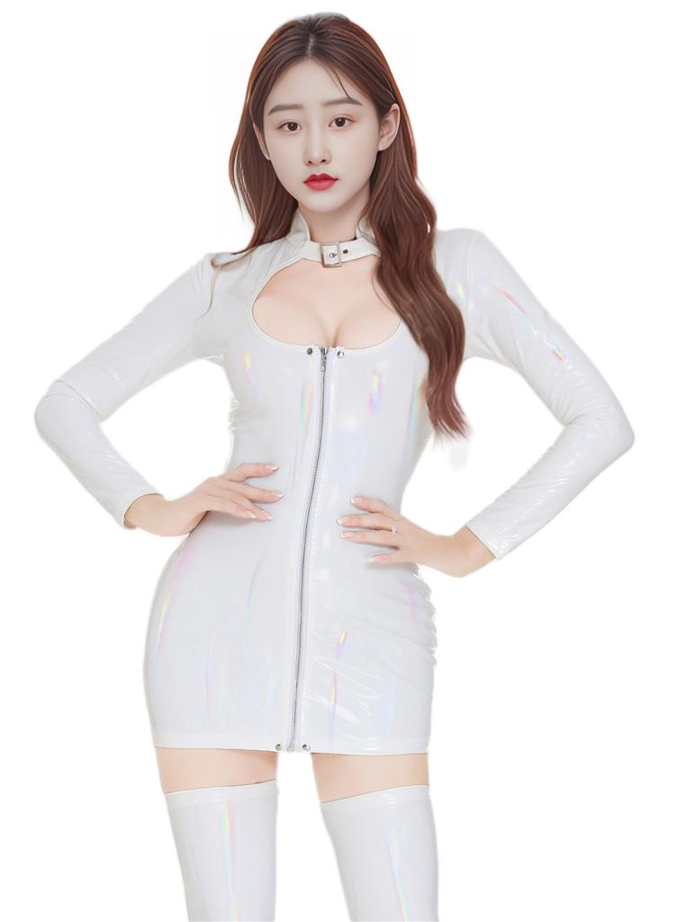 Sexy Women Pu Hollow Out Tight Pencil Dress Pvc Latex Faux Leather Shiny Micro Mini Dress Coslpay Maid Bodycon Dance Dress