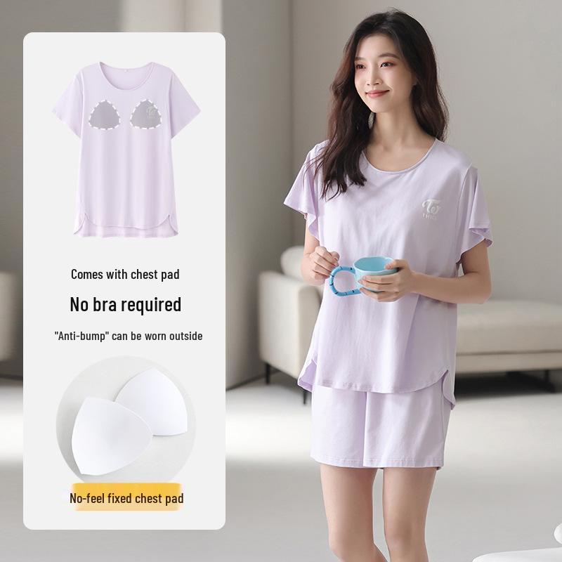 Lyocell Women's Summer Short Sleeve Pajama Set with Chest Pads - Casual Plus Size Home Wear