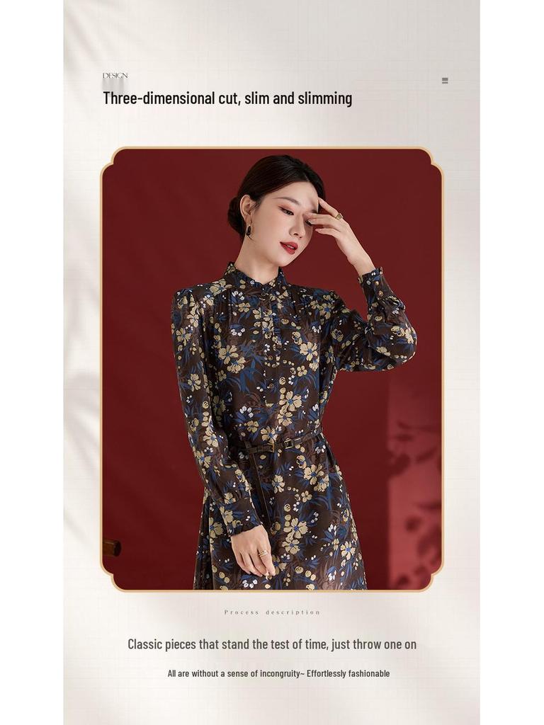 100% Mulberry Silk Long Sleeve Pleated Midi Dress for Women - Printed Slimming Style