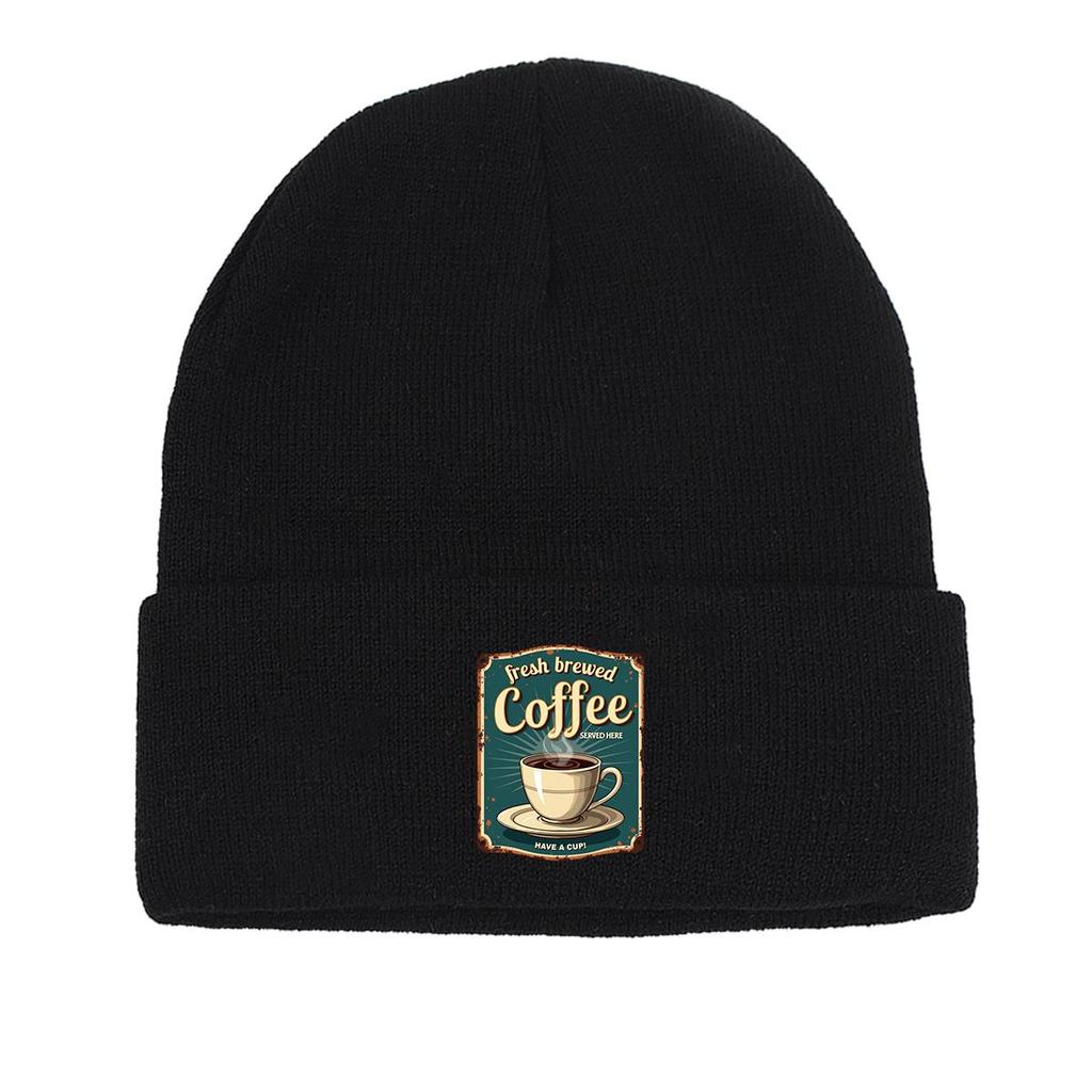 COFFEE Series Print Knitted Cap Beanie, Slouchy Leisure Knit Hat Beanie