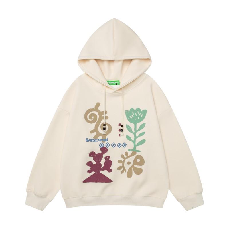 American Vintage Abstract Floral Print Beaded Drawstring Hoodie Loose Fit Casual Top Men Women
