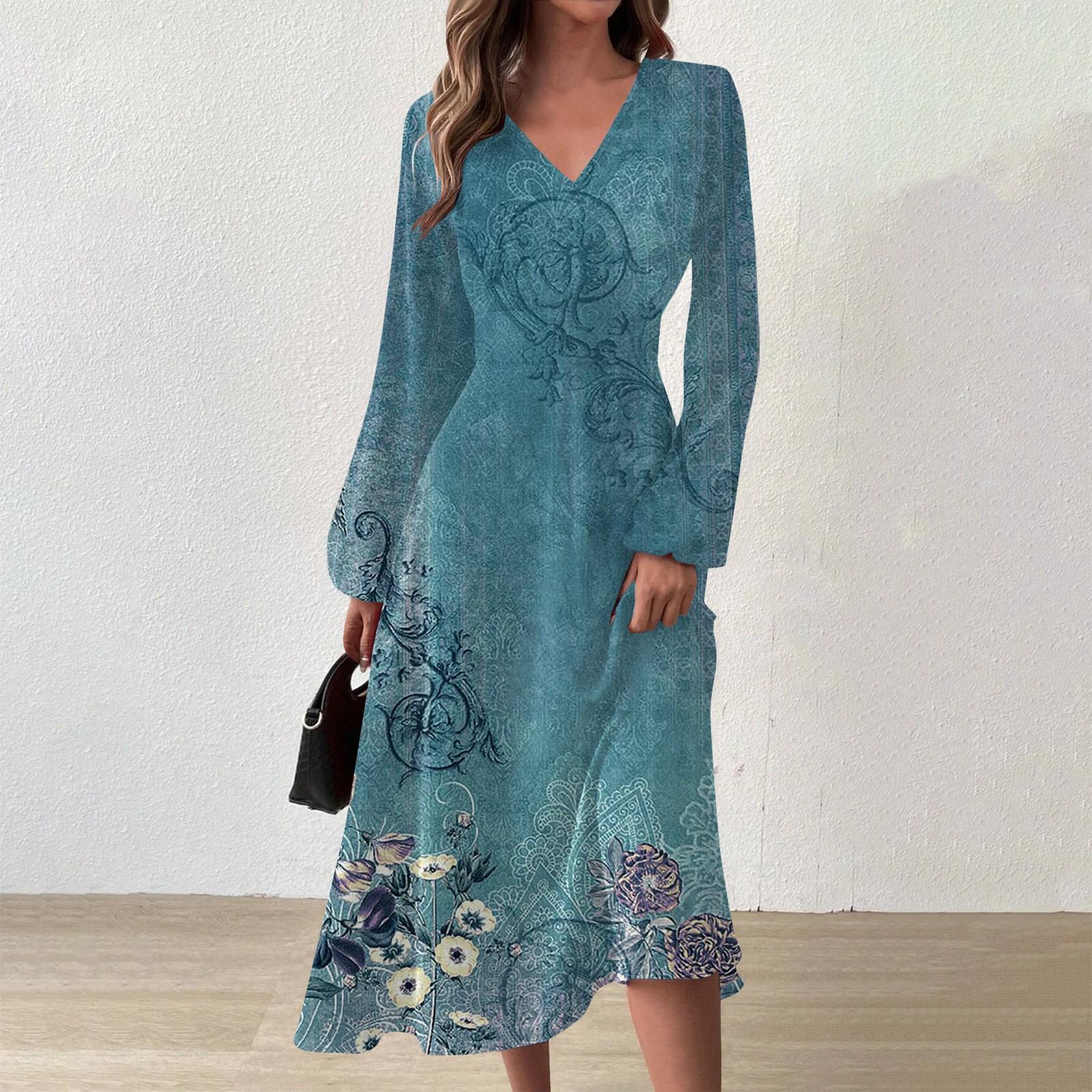 

Женское осенне-зимнее повседневное модное длинное платье с v-образным вырезом и длинным рукавом с цветочным принтом S циан
