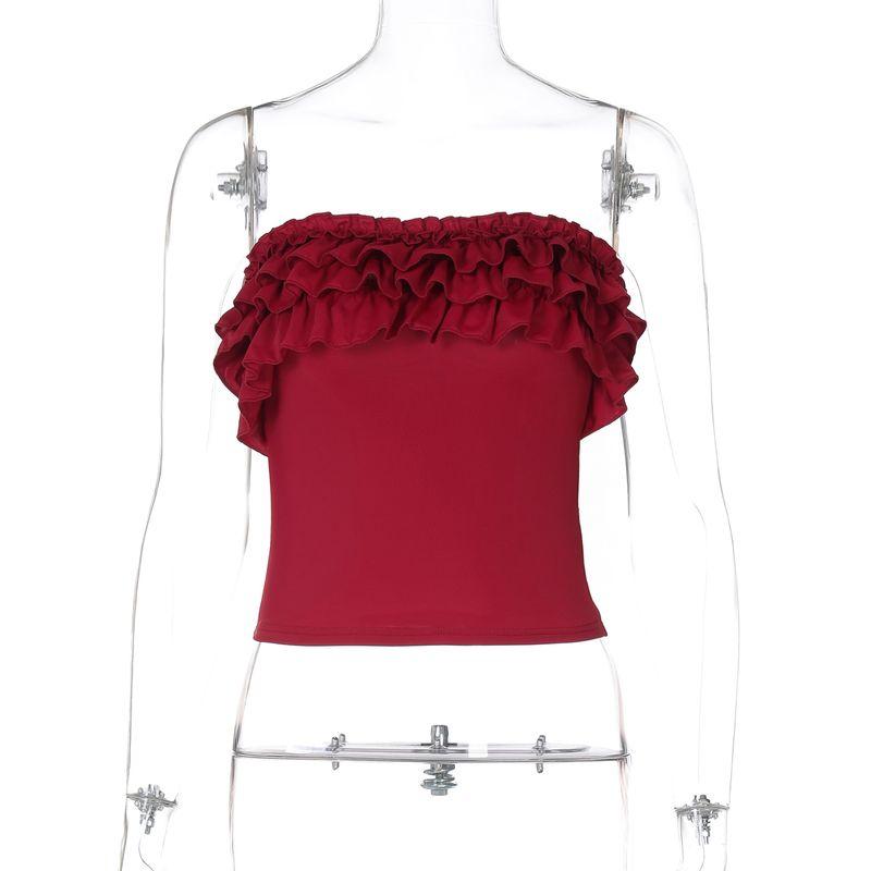 

Shemoda Summer Versatile Lotus Leaf Off-Neck Tube Top Tops Women s Sexy Sexy Stretch Silm Chest-Wrapped Tide Red S