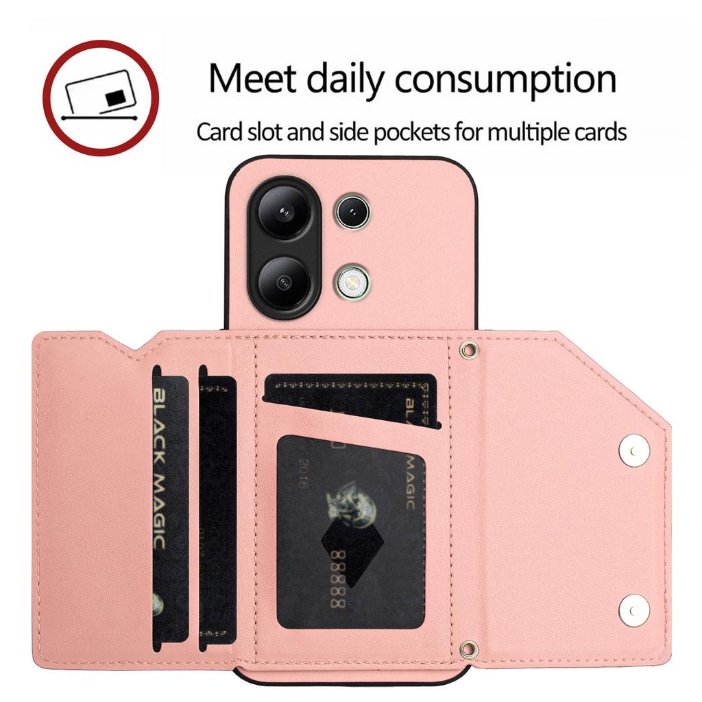For Xiaomi Redmi Note 13 4G Case Card Holder Kickstand Skin-Touch Phone Cover with Wrist Strap