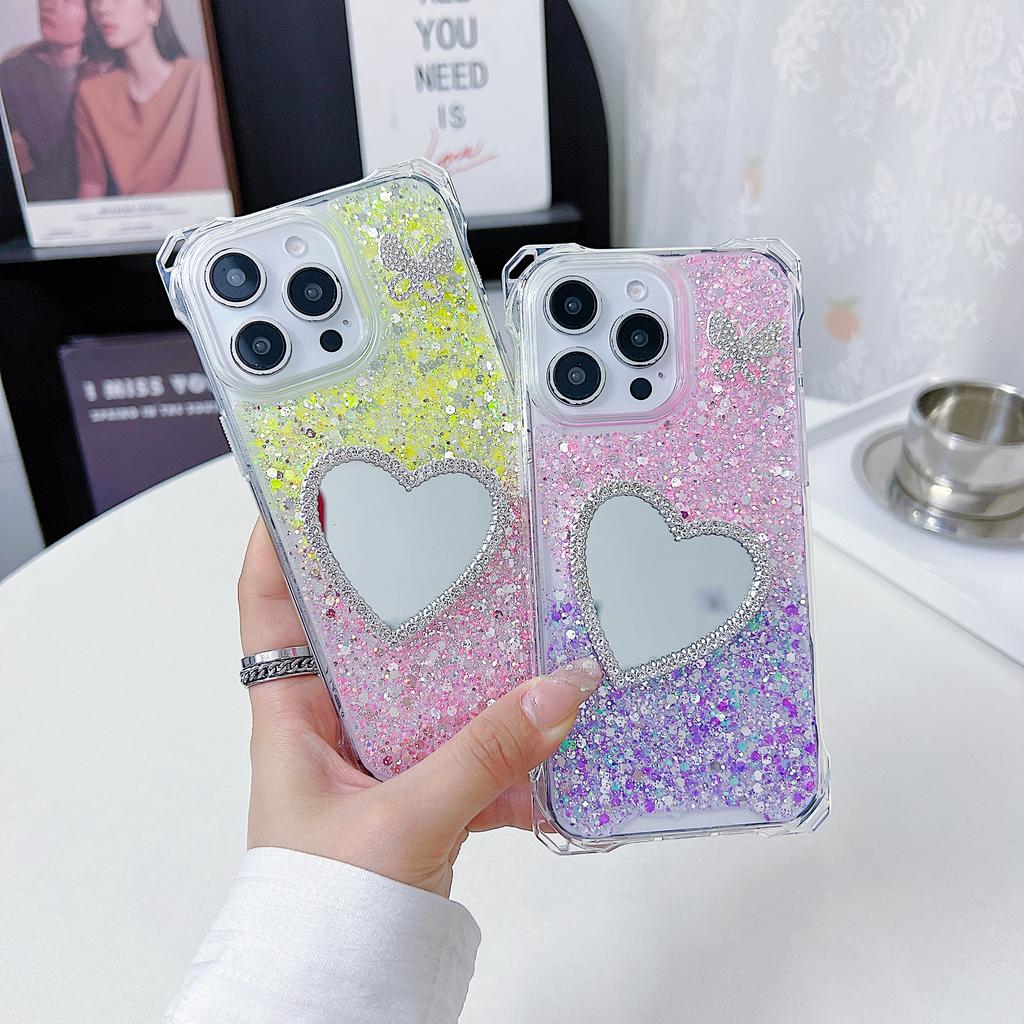 For iPhone 16 Pro Case with Heart Mirror Epoxy Glitter TPU+Acrylic Phone Back Cover