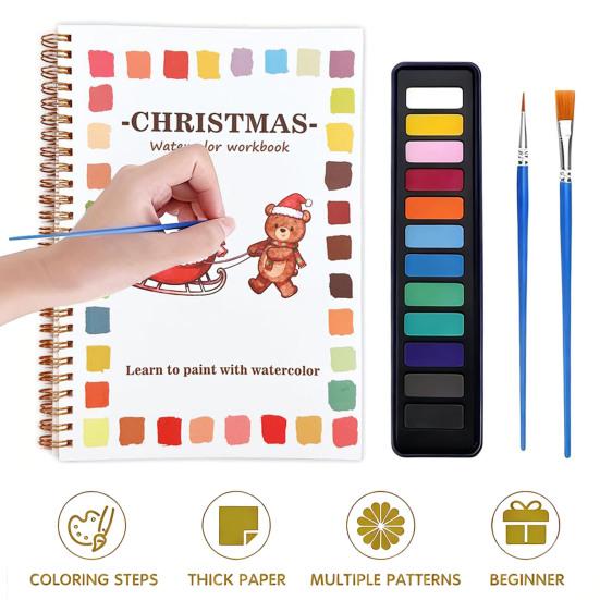 Watercolor Paint Set Christmas Themed Holiday Coloring Book Workbook Holiday Coloring Book with 12 Colors Mixing Palette