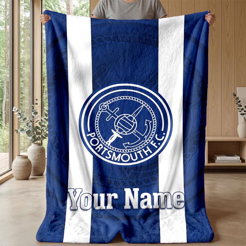 Portsmouth FC Custom Name Text Flannel Blanket Soccer Logo Personalized Fleece Throw Blanket Special Gift For Sofa Bedroom Home