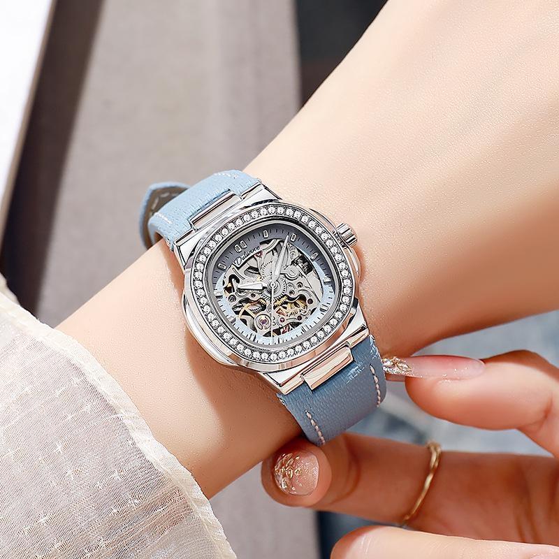 Skeleton Mechanical Watches Rose Gold Case Diamond Bezel Luminous Waterproof Fluororubber Strap Watch